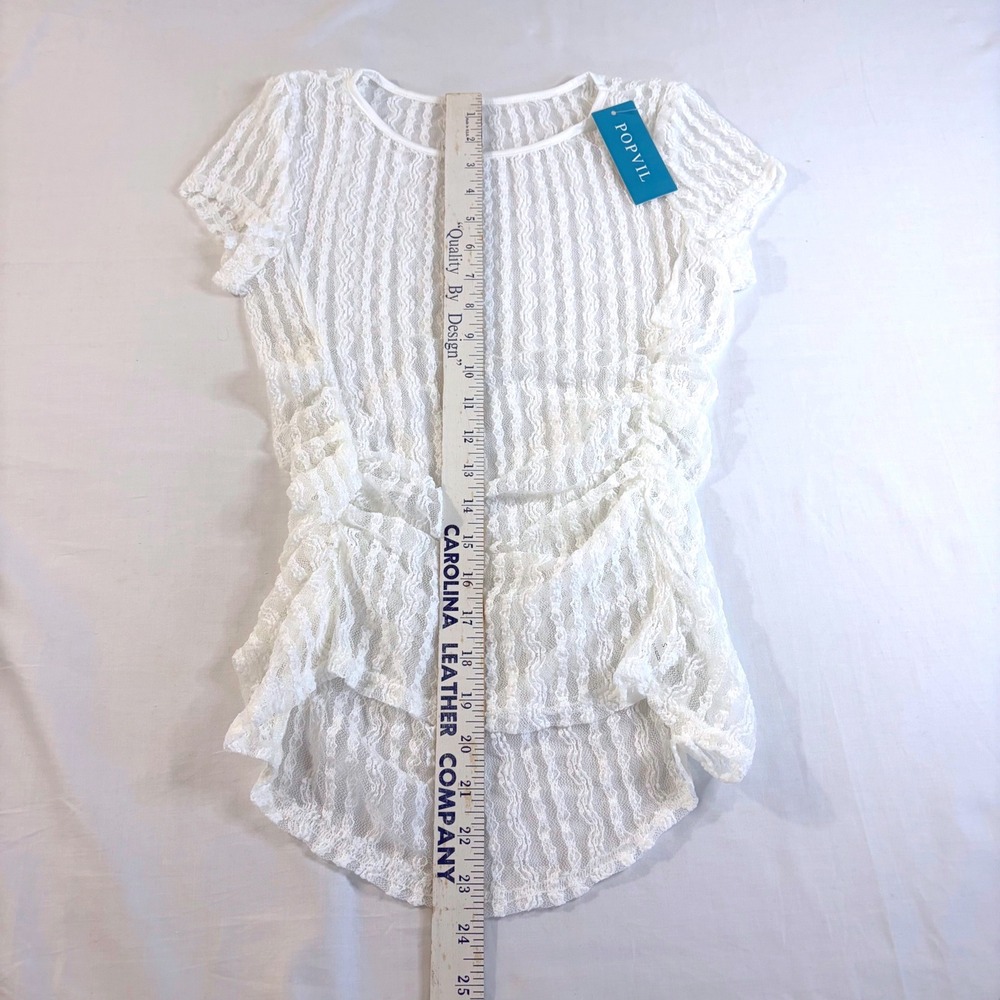 Popvil White Lace Ruched Swim Cover Up Top Short Sleeve Sheer Floral Small New - Picture 7 of 13